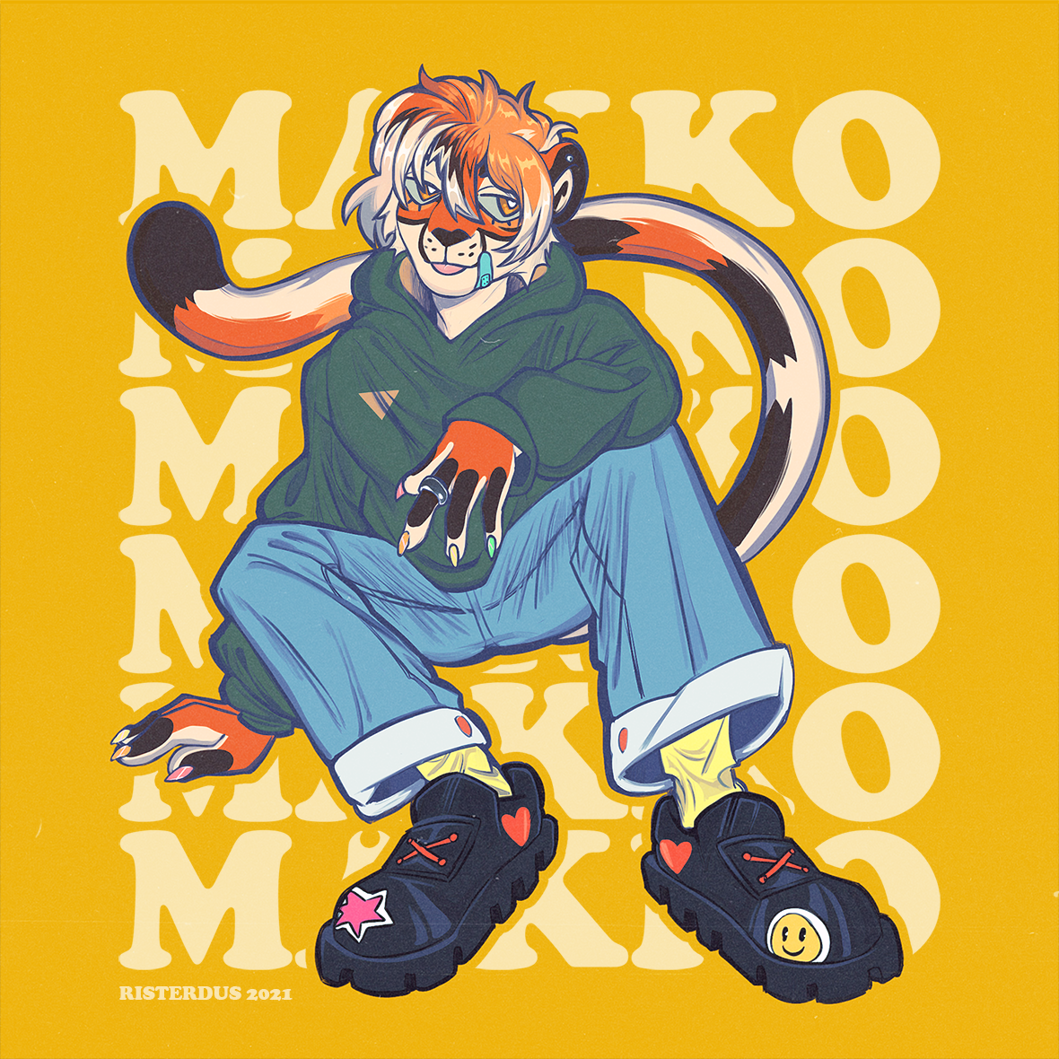 An anthro tiger against a background of his name, Makko.