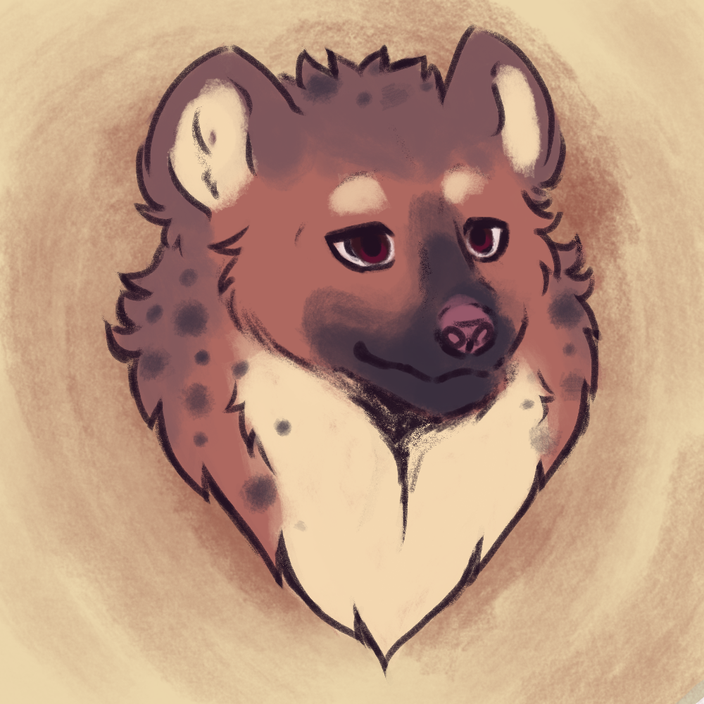 A very fluffy cinnamon brown spotted hyena with a gentle face.