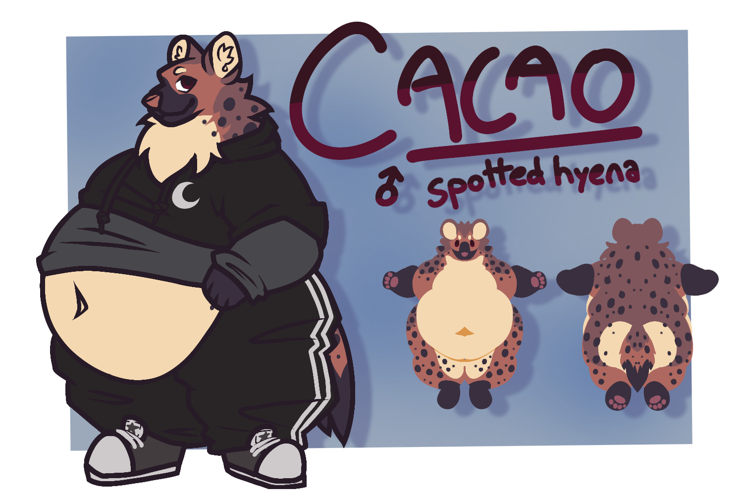 Cacao is a heavyset anthro spotted hyena. His body is mostly brown, getting darker on his back and becoming a cream color on his belly, inner legs, and inner ears. His nose and pawpads are a dull pink color. He has dark gray-brown spots; his muzzle, forearms, and lower legs the same color. His eyes are maroon, and he has cream eyebrow markings. He wears a cropped gray long-sleeve with a cropped black short-sleeve hoodie on top. The hoodie has a crescent moon on the left side of his chest. His pants are black sweatpants with white pinstripes on the outside of his legs. He wears black low-top flat-bottomed sneakers with stars on the tongues.