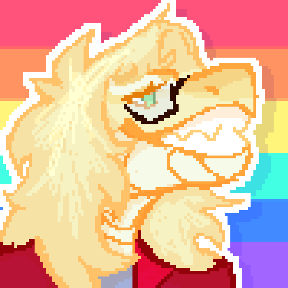 A yellow snake anthro with blonde hair against a rainbow flag background.