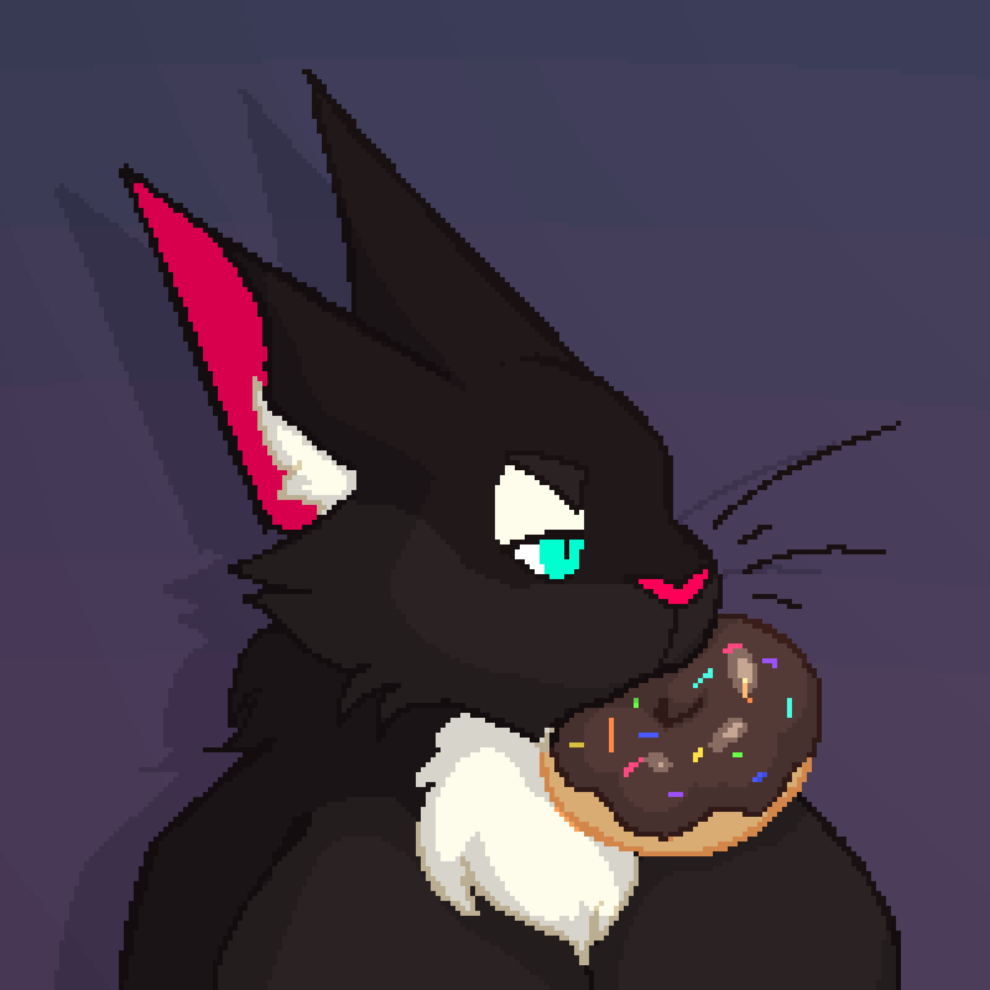 A tuxedo cat anthrow with a chocolate-frosted donut in its mouth.